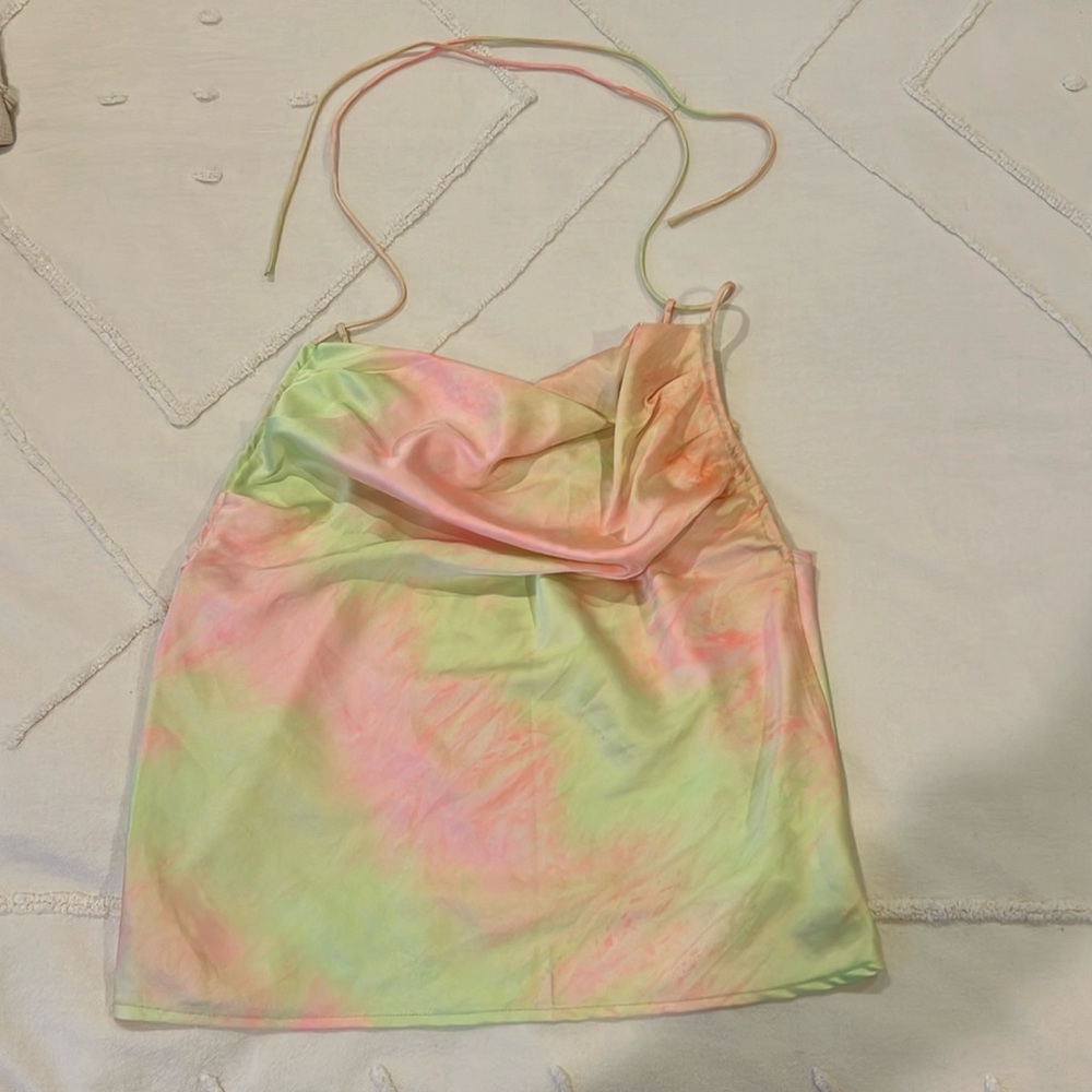 Tie died, satin, cowl neck tank top